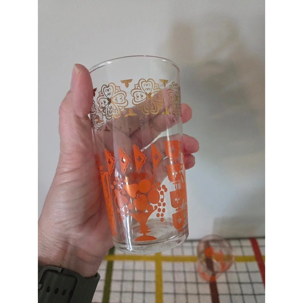 Vintage MCM Orange Gold Coffee Pot Teacup Drinking Glasses Set of 2 Retro 5 Inch